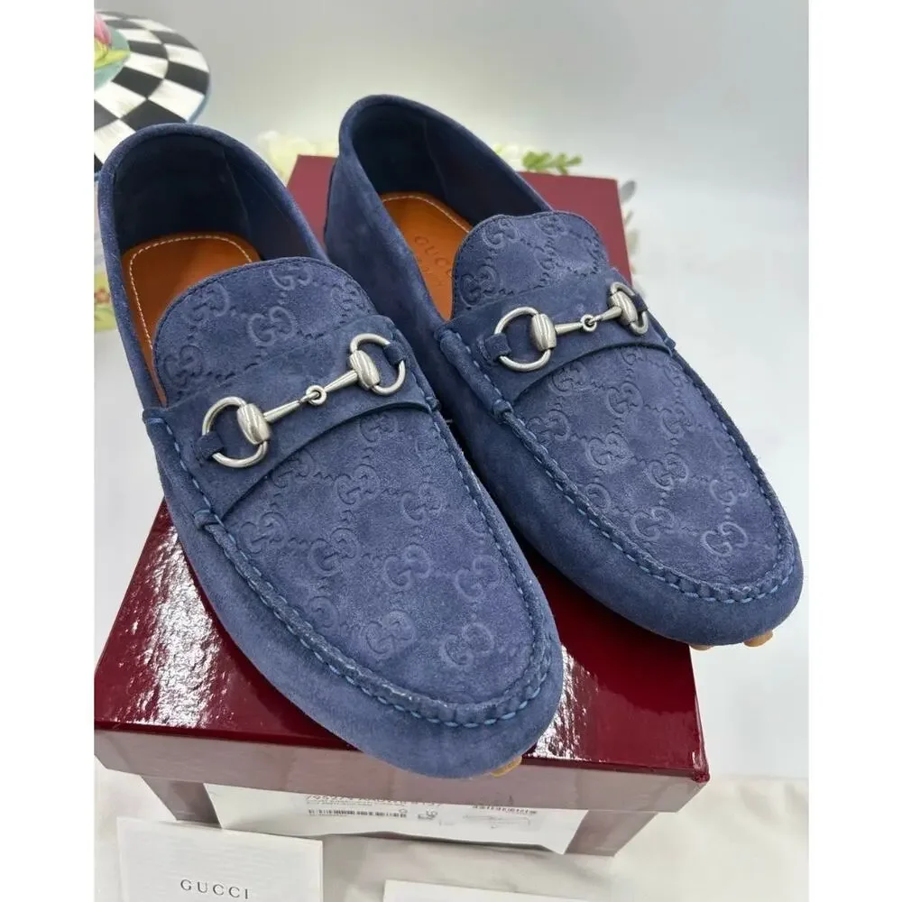 Men's Gucci GG embossed suede driver loafers size 10 fits 10.5 US made in Italy